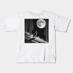gray wolf with moon Kids T-Shirt